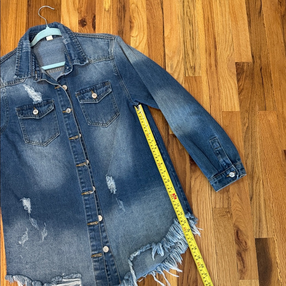 Distressed Denim Jacket / shacket. Raw edge. Perfect over dresses. Medium - Picture 10 of 14